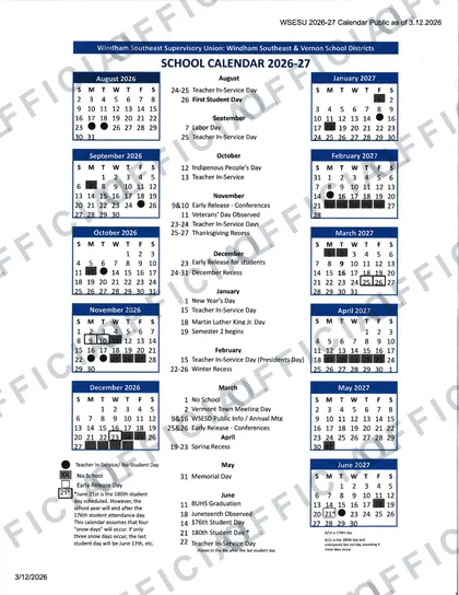 Windham Southeast Supervisory Union: Windham Southeast & Vernon School Districts 2026-27 calendar