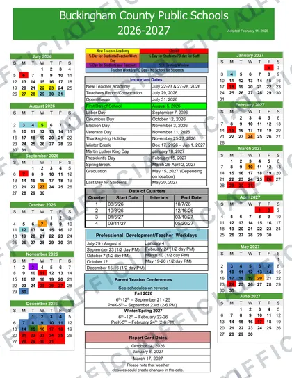 Buckingham County Public Schools 2026-27 calendar