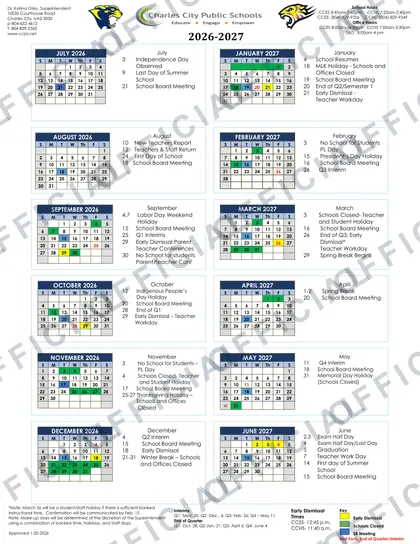 Charles City County Public Schools 2026-27 calendar