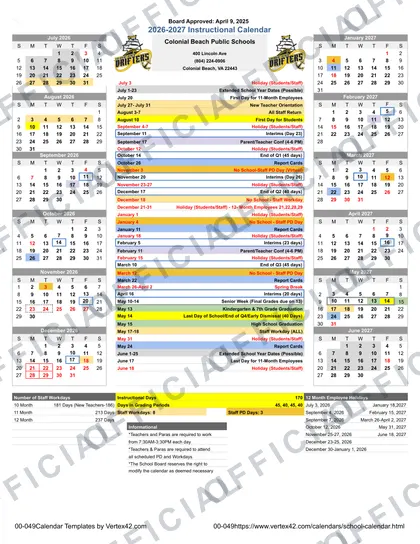 Colonial Beach Public Schools 2026-27 calendar