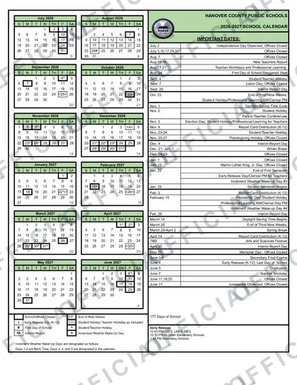 Hanover County Public Schools 2026-27 calendar
