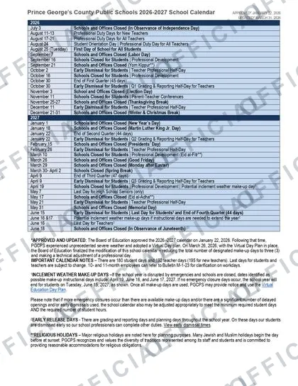 Prince George's County Public Schools 2026-27 calendar