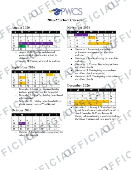 PWCS Prince William County Schools 2026-27 calendar