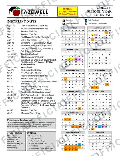 Tazewell County Public Schools 2026-27 calendar