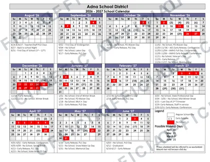 Adna School District 2026-27 calendar