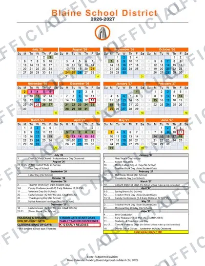 Blaine School District 2026-27 calendar