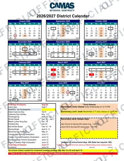 Camas School District 2026-27 calendar