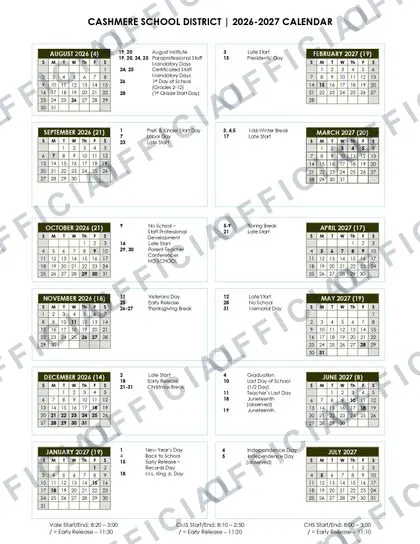 CASHMERE SCHOOL DISTRICT 2026-27 calendar
