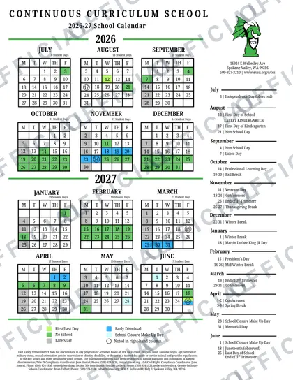 Continuous Curriculum School 2026-27 calendar