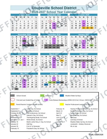 Coupeville School District 2026-27 calendar