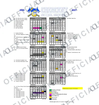 Crescent School District 2026-27 calendar
