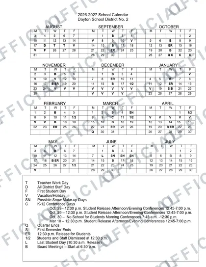 Dayton School District No. 2 2026-27 calendar