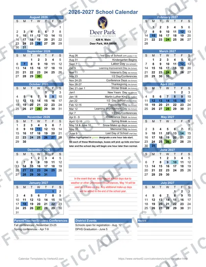 Deer Park School District 2026-27 calendar