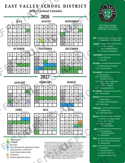 East Valley School District 2026-27 calendar