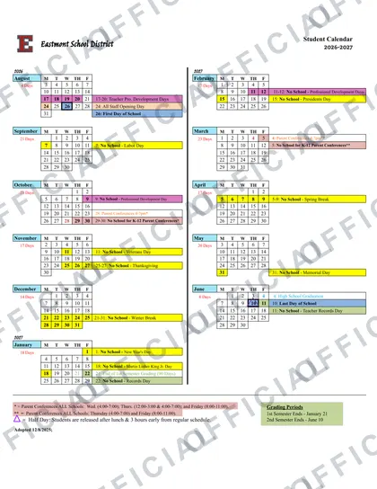 Eastmont School District 2026-27 calendar