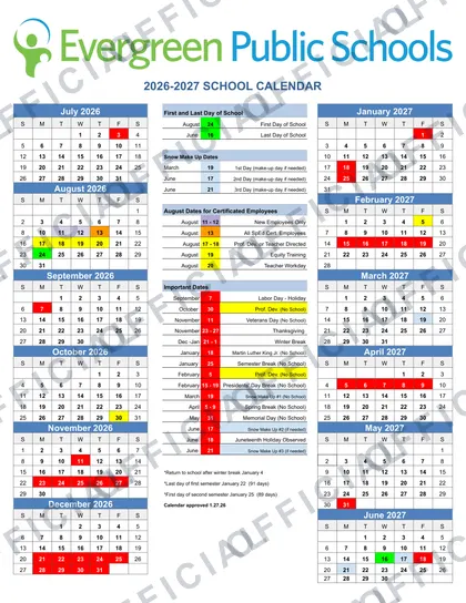 Evergreen Public Schools 2026-27 calendar