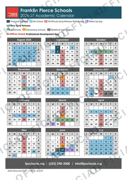 Franklin Pierce Schools 2026-27 calendar