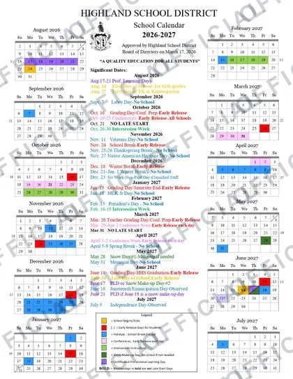 HIGHLAND SCHOOL DISTRICT 2026-27 calendar