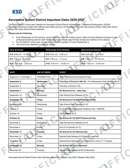 Kennewick School District 2026-27 calendar
