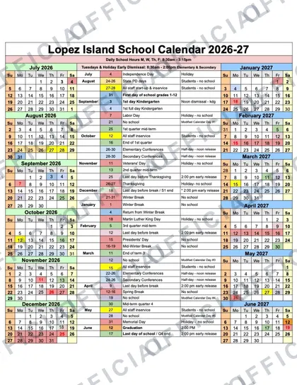 Lopez Island School 2026-27 calendar