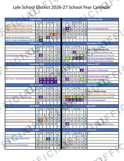 Lyle School District 2026-27 calendar