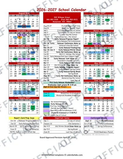 Mossyrock School 2026-27 calendar