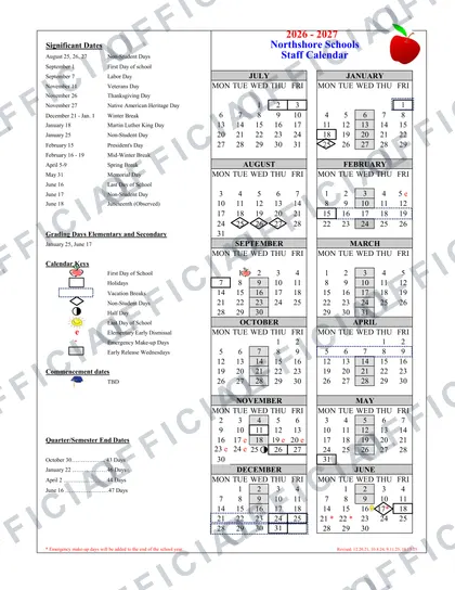Northshore Schools 2026-27 calendar