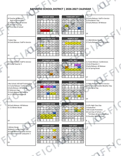 Raymond School District 2026-27 calendar