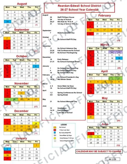 Reardan-Edwall School District 2026-27 calendar