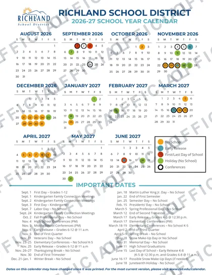 Richland School District 2026-27 calendar
