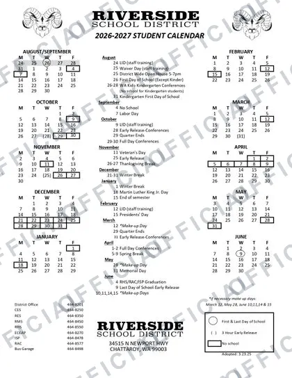 Riverside School District 2026-27 calendar
