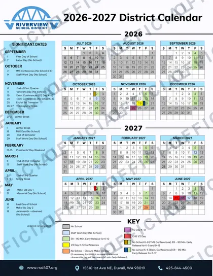 Riverview School District 2026-27 calendar