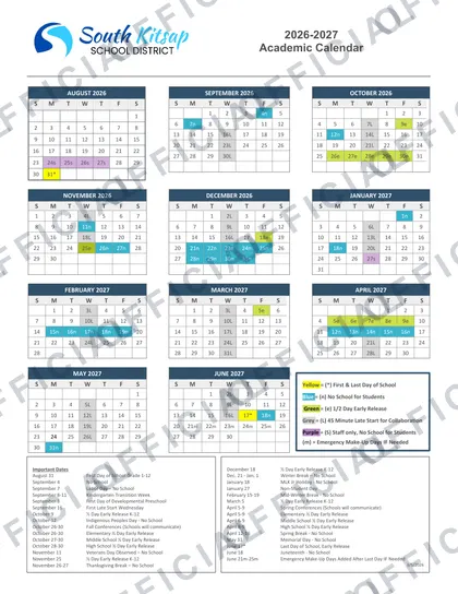 South Kitsap School District 2026-27 calendar