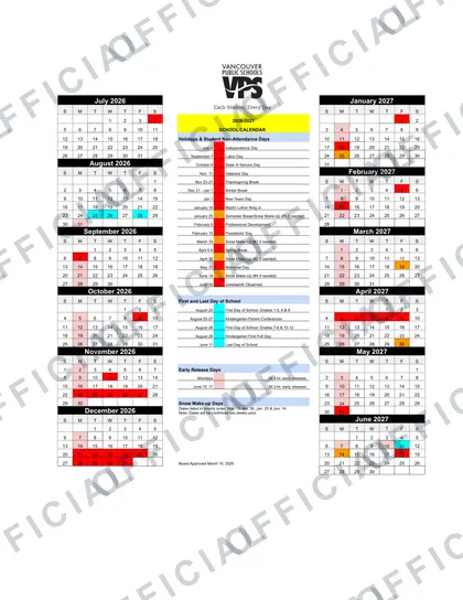 Vancouver Public Schools 2026-27 calendar