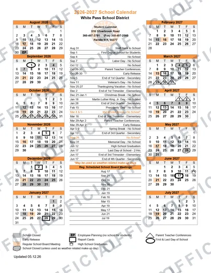White Pass School District 2026-27 calendar