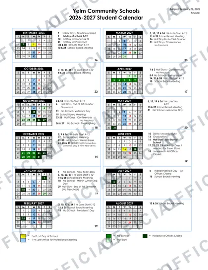 Yelm Community Schools 2026-27 calendar