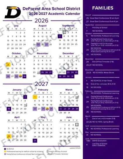DeForest Area School District 2026-27 calendar