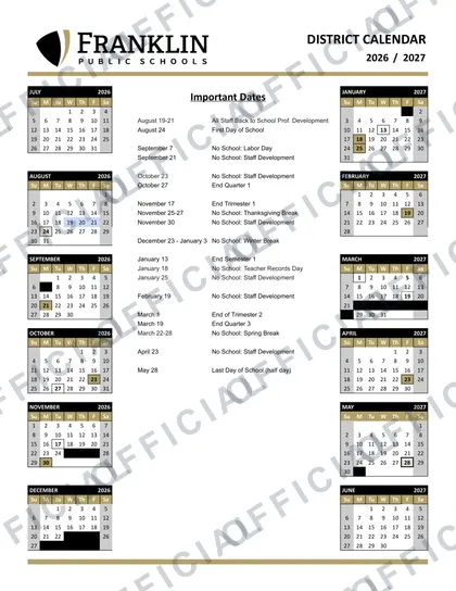 Franklin Public Schools 2026-27 calendar