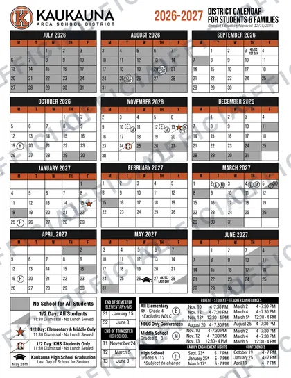 Kaukauna Area School District 2026-27 calendar