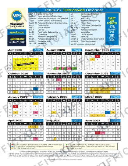 MPS Milwaukee Public Schools 2026-27 calendar