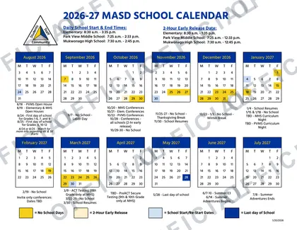 Mukwonago Area School District 2026-27 calendar