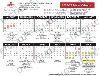 Muskego Norway Schools District 2026-27 calendar