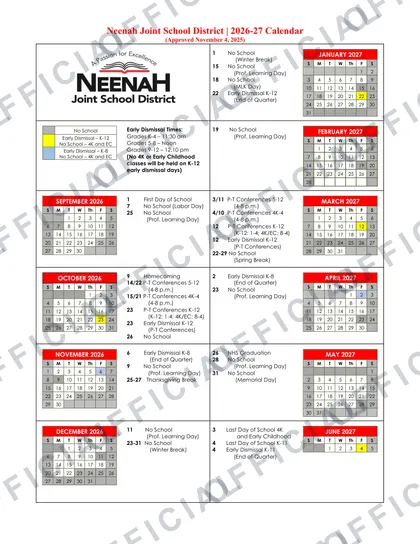 Neenah Joint School District 2026-27 calendar