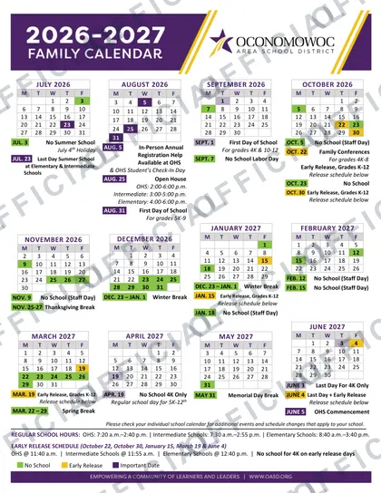 Oconomowoc Area School District 2026-27 calendar