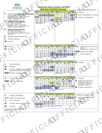 Oshkosh Area School District 2026-27 calendar