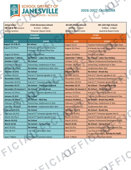School District of Janesville 2026-27 calendar