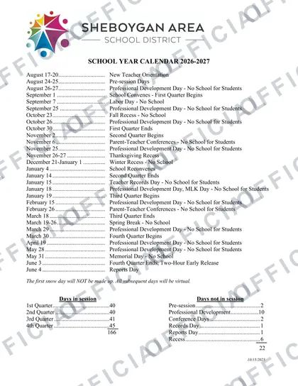 Sheboygan Area School District 2026-27 calendar
