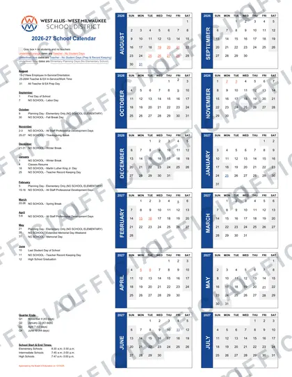 West Allis–West Milwaukee School District 2026-27 calendar