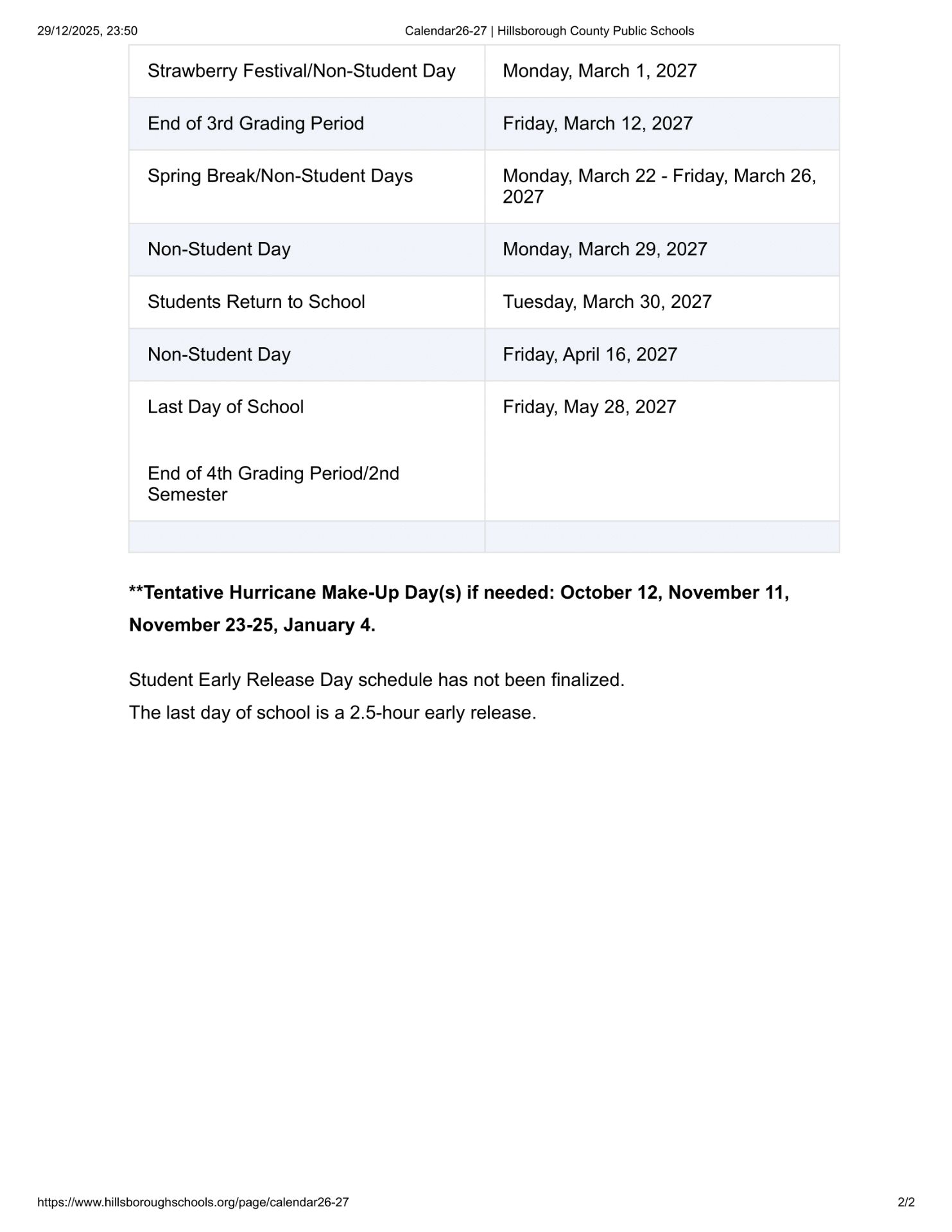 Hillsborough County Public Schools Calendar 26-27 Revised (PDF)