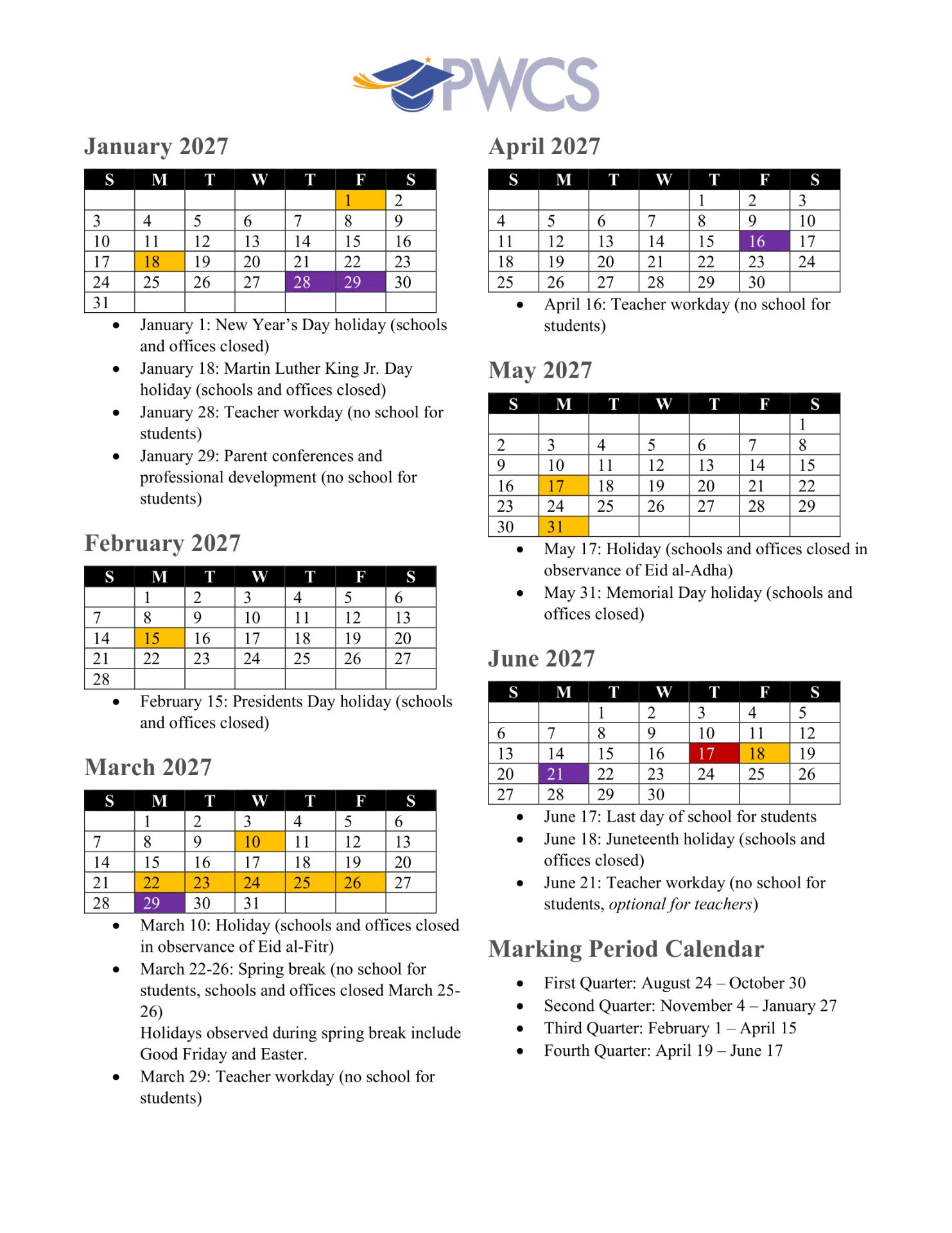 Prince William County Public Schools va Calendar 26-27 [pdf]